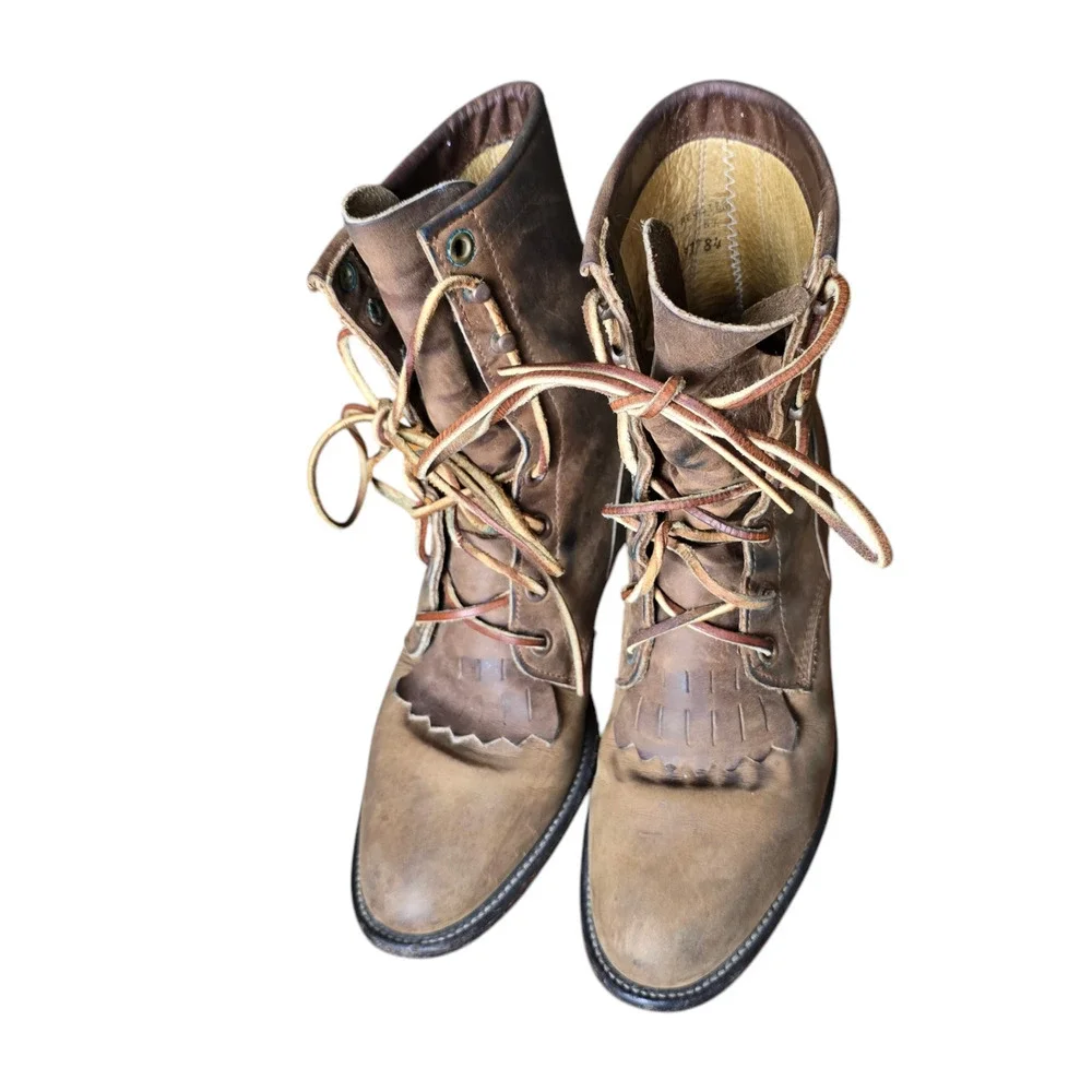 Vintage Tan Brown Leather Kilted Ankle Lace Up Boots Size 6 Justin distressed - Picture 3 of 8